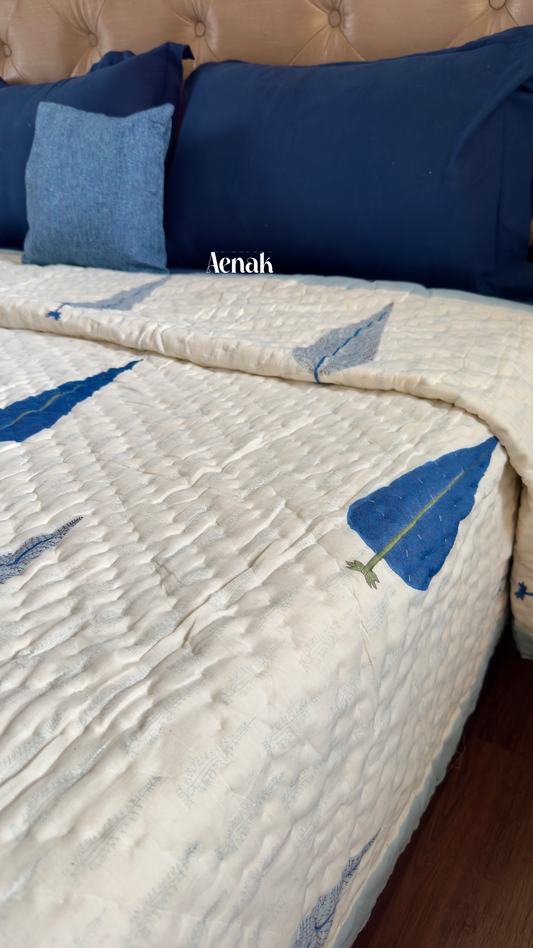 Blue Cypress Handblock Printed Reversible Mulmul Cotton Quilt