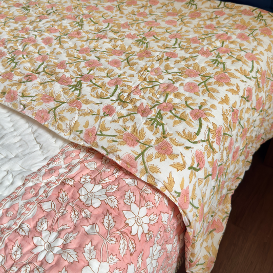 Pinkish Peach Dahlia Handblock Bedsheet + Quilt Combo Set