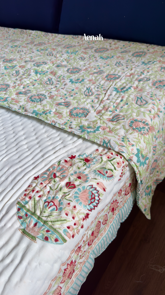 Pink Kairi Handblock Printed Reversible Mulmul Cotton Quilt