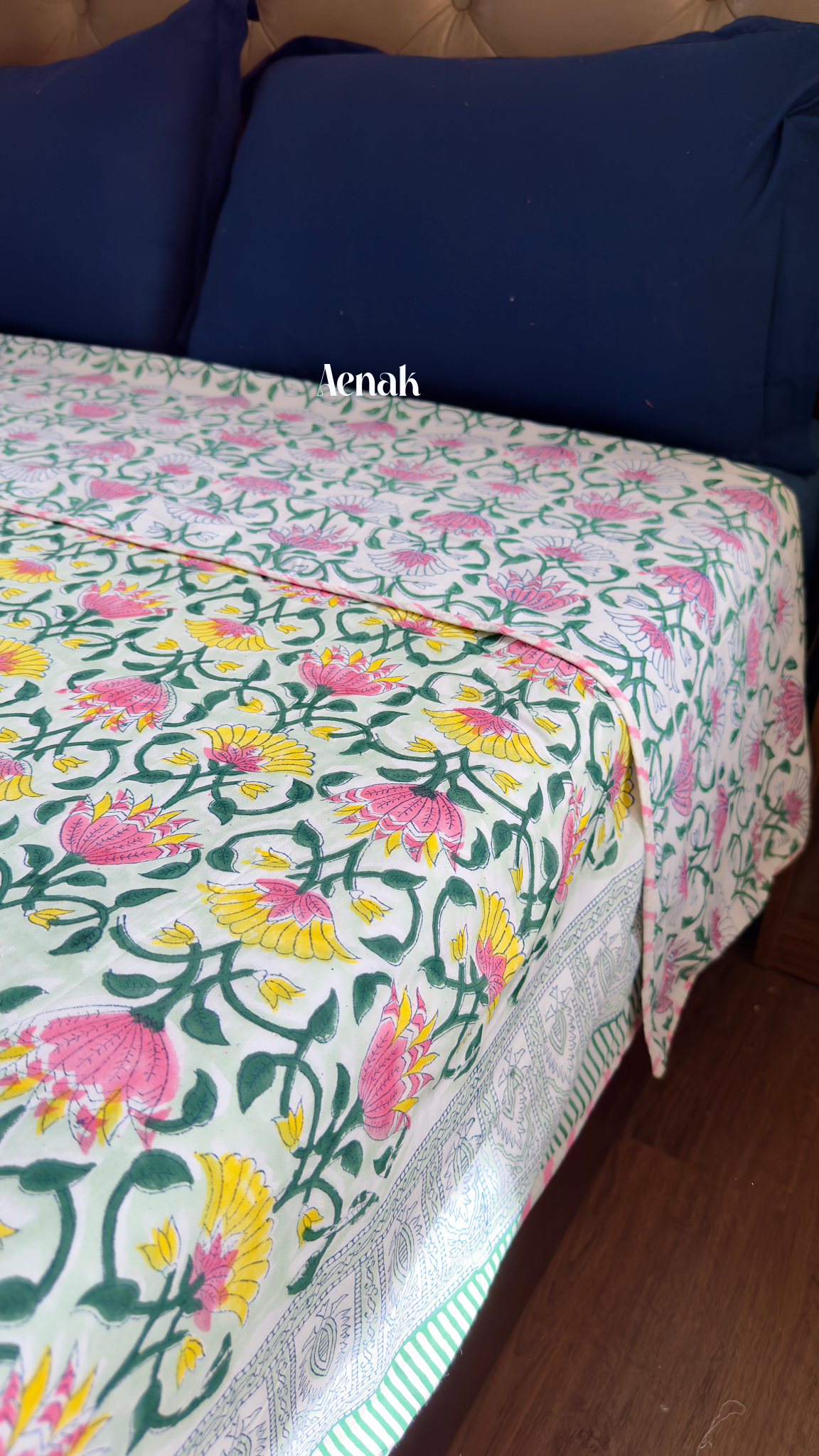Pink & Yellow Lotus Handblock Printed Mulmul Cotton Reversible Dohar