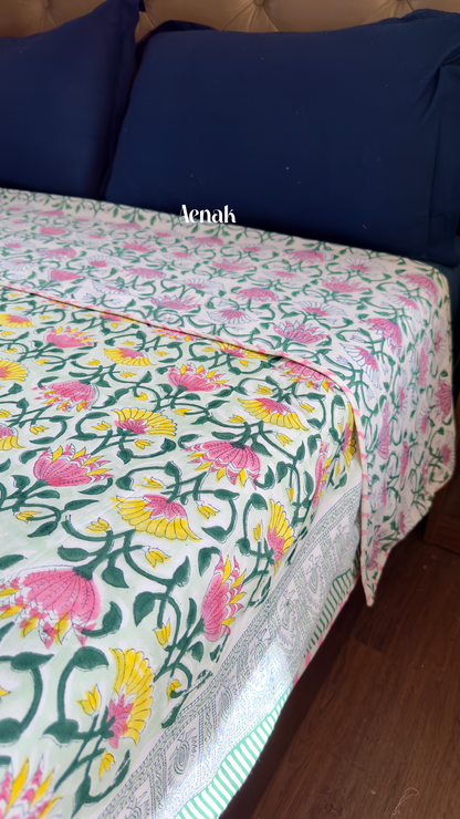 Pink & Yellow Lotus Handblock Printed Mulmul Cotton Reversible Dohar