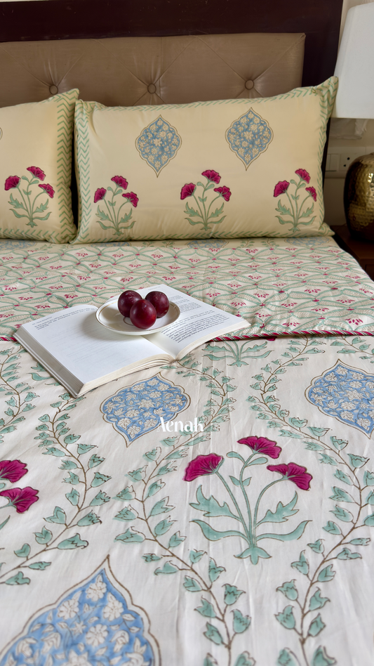 Pink Poppy Jaal Handblock Printed Mulmul Cotton Reversible Dohar (Non-White)