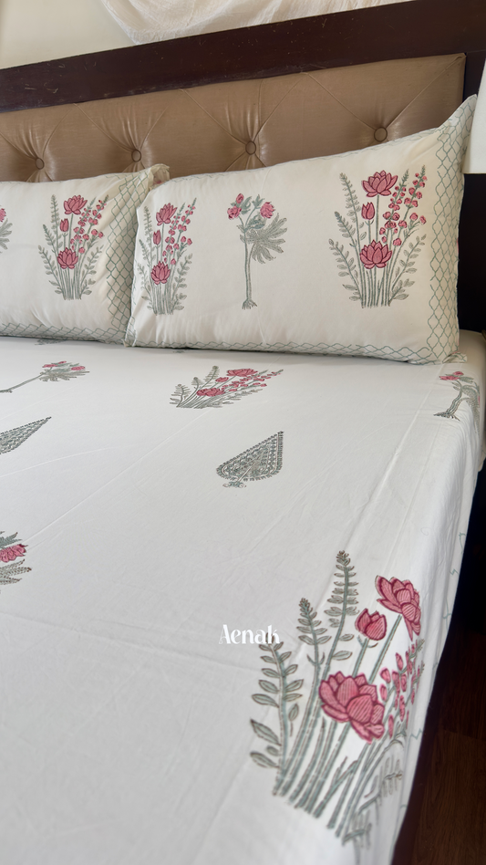 Green Ashoka Handblock Printed Premium Cotton Bedsheet