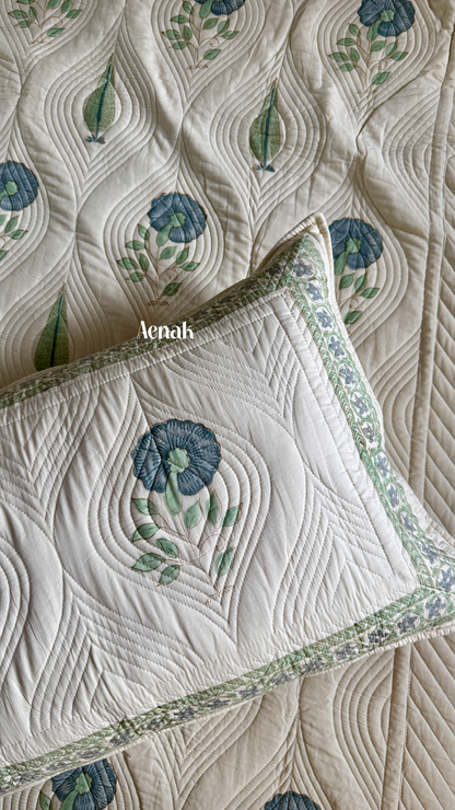 Beige Embossed Handblock Printed Quilted Bedcover (Non-White Base)