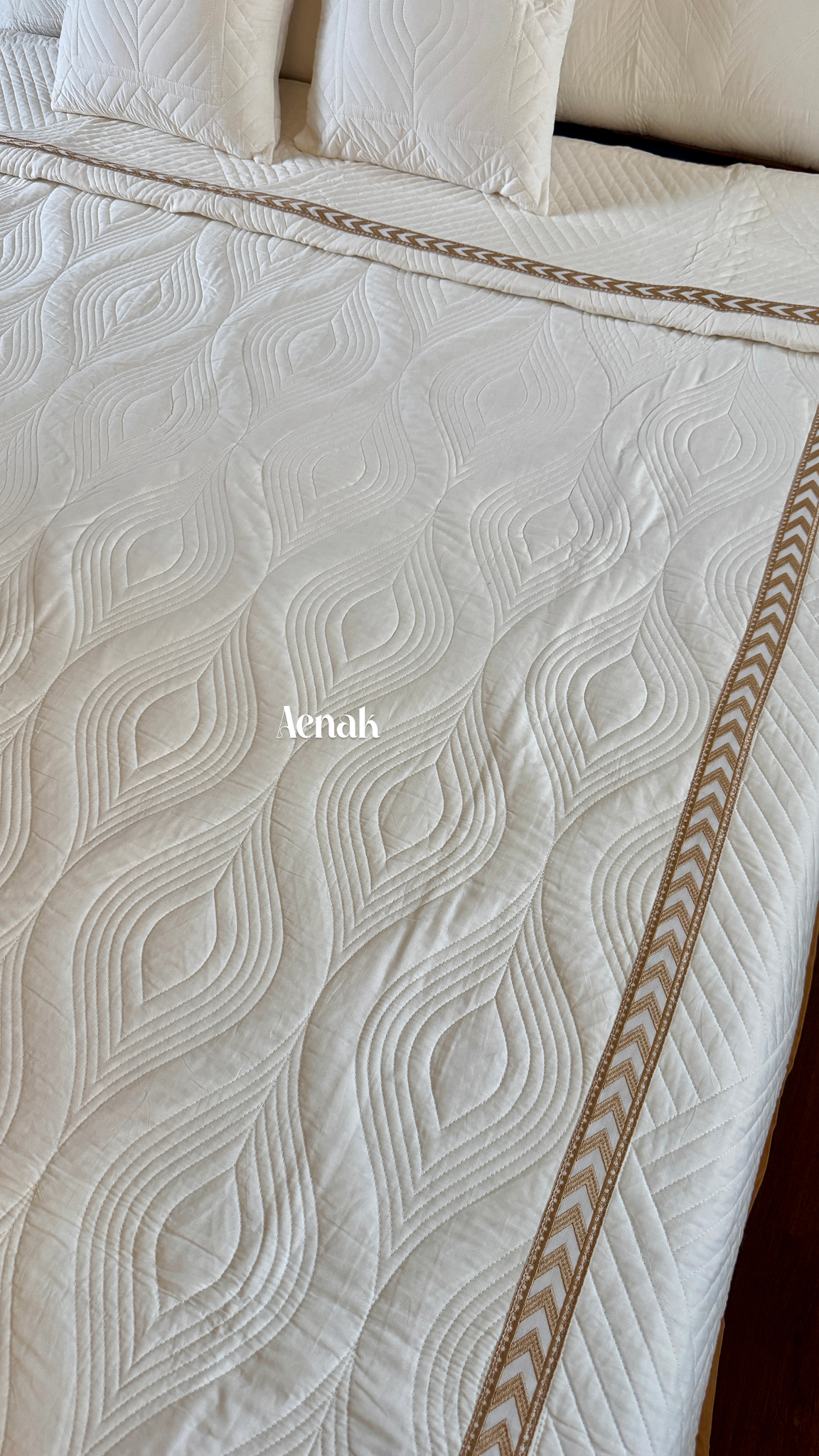 White Embossed Leaf Quilted Bedcover with Brown Lace