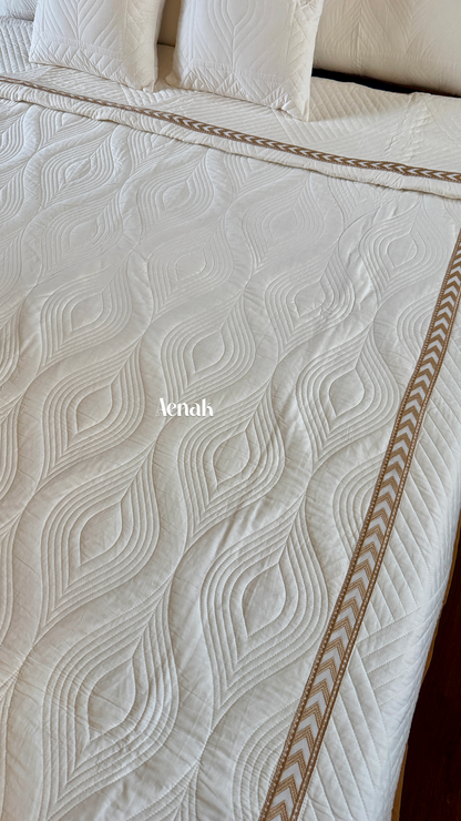 White Embossed Leaf Quilted Bedcover with Brown Lace