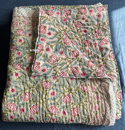 Red Anaar Handblock Bedsheet + Quilt Combo
