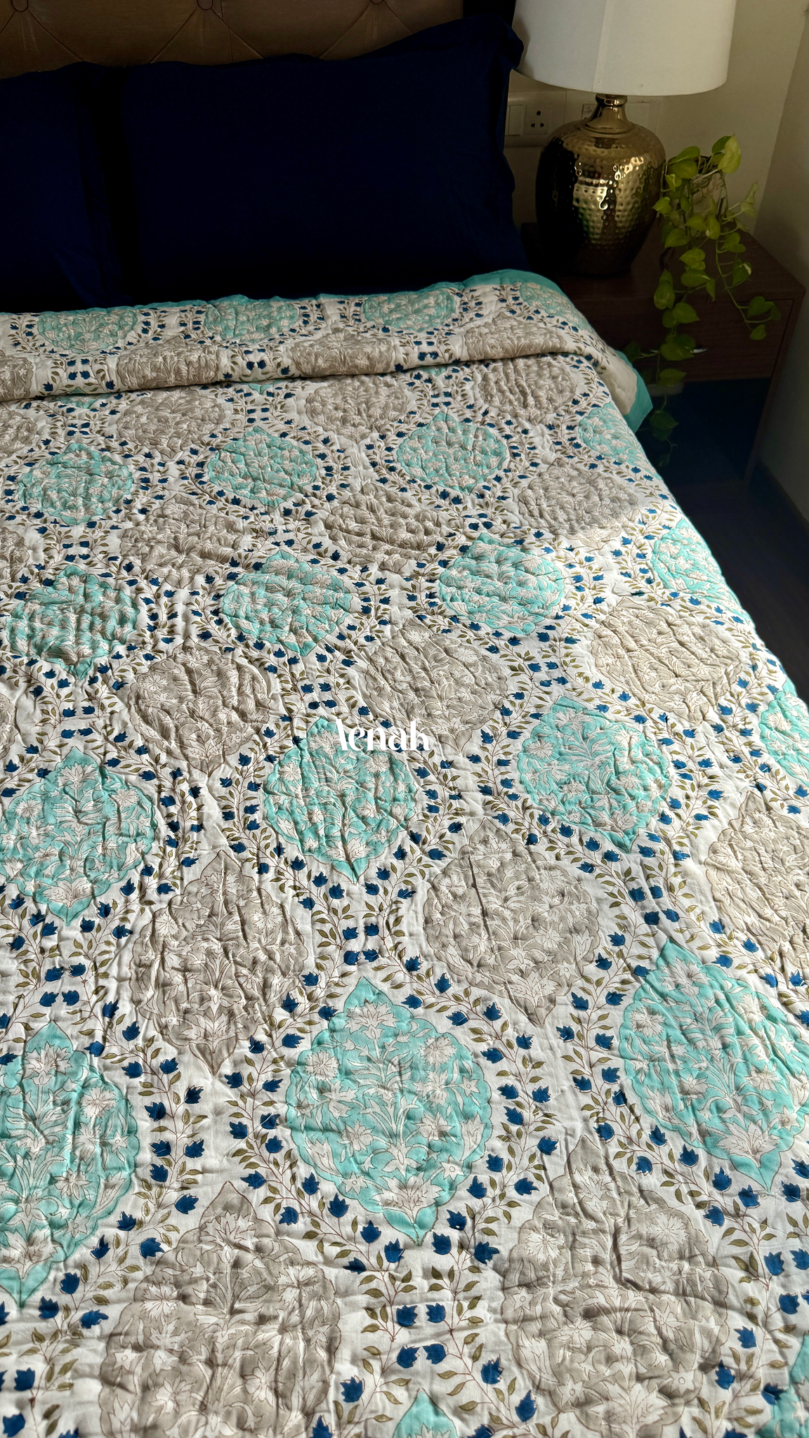 Blue Jaal Handblock Printed Reversible Mulmul Cotton Quilt