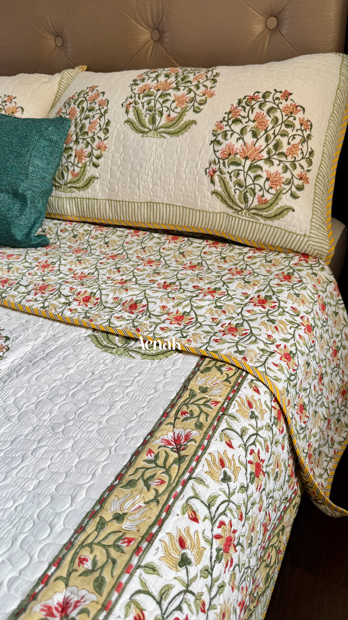 Yellow Phool Boota Handblock Printed Reversible Quilted Bedcover