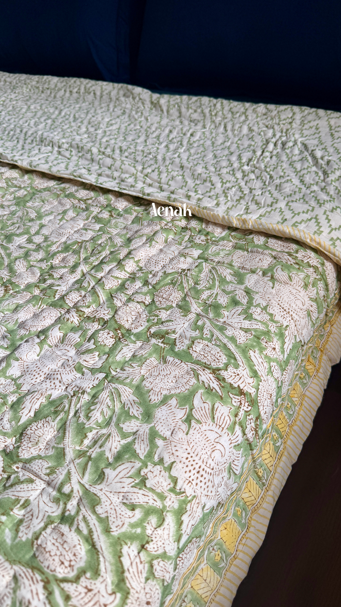 Green Gadd Handblock Printe Reversible Mulmul Cotton Quilt