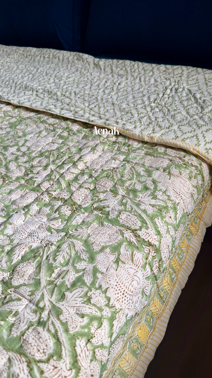 Green Gadd Handblock Printe Reversible Mulmul Cotton Quilt