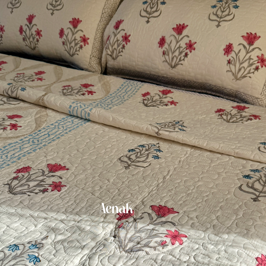 Red & Blue Jaal Handblock Reversible Quilted Comforter/Bedcover Set