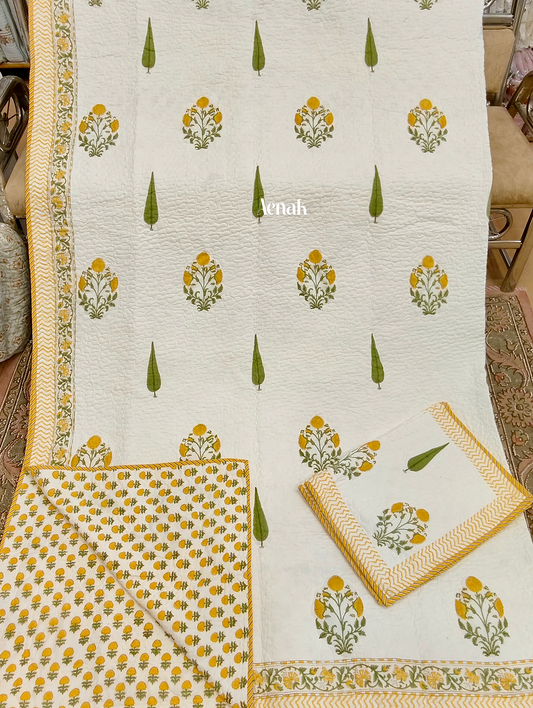 Yellow Marigold Handblock Printed Reversible Quilted Bedcover -105 x108