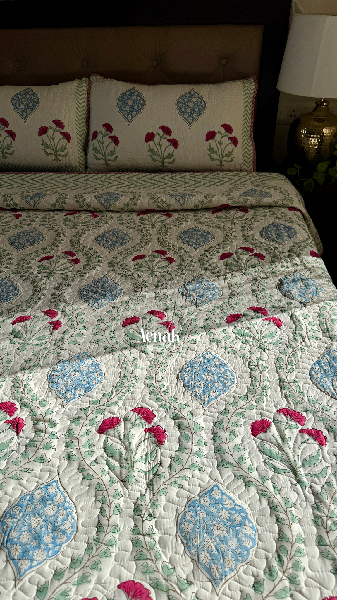 Pink Poppy Handblock Printed Reversible Quilted Bedcover (105x108)