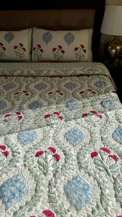 Pink Poppy Handblock Printed Reversible Quilted Bedcover (105x108)