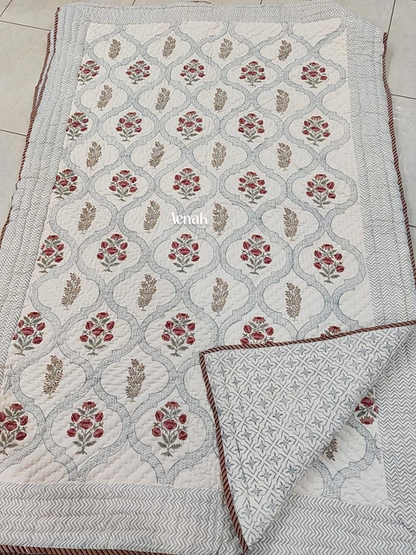 Blue Jaal Handblock Reversible Mulmul Cotton Single Quilt