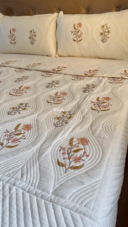Peach Phool Embossed Handblock Quilted Bedcover Set