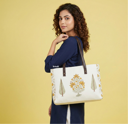 Yellow Floral Boota Handblock Artisanal Handbag