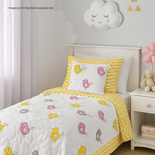 Pink Yellow Bird Handblock Printed Reversible Mulmul Cotton Blanket