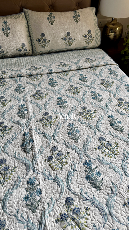 Blue Floral Jaal Handblock Printed Reversible Quilted Bedcover