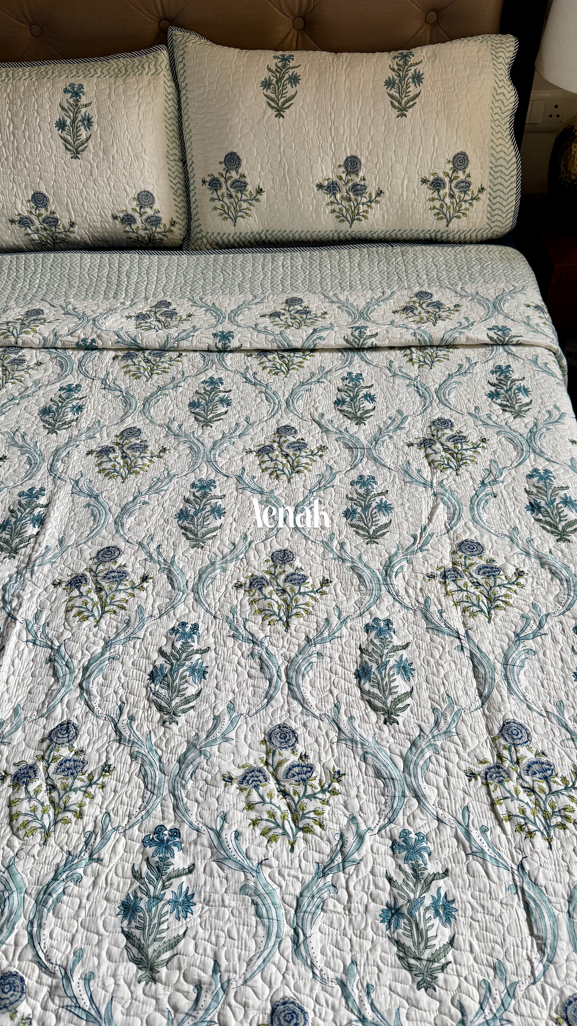 Blue Floral Jaal Handblock Printed Reversible Quilted Bedcover