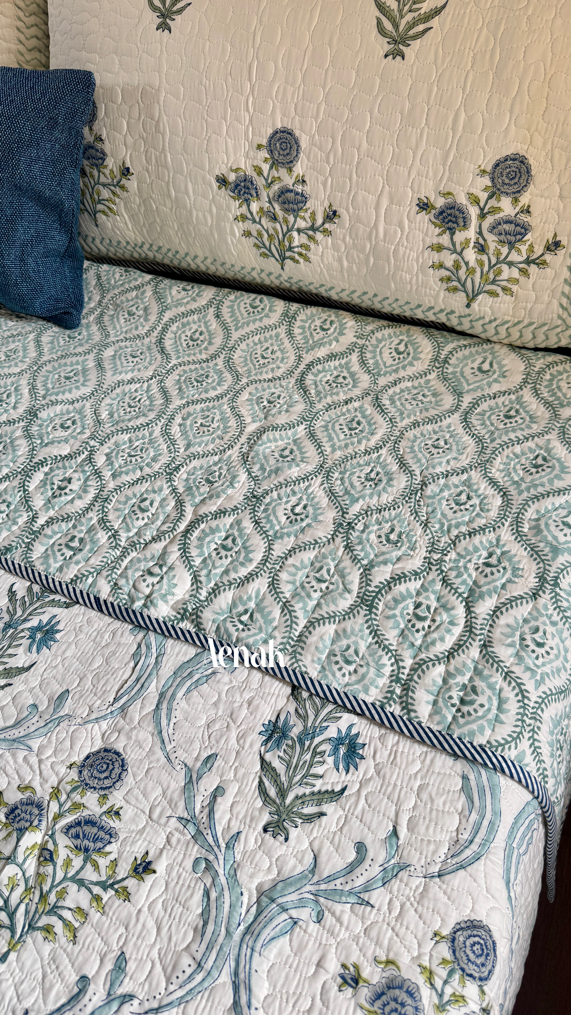 Blue Floral Jaal Handblock Printed Reversible Quilted Bedcover