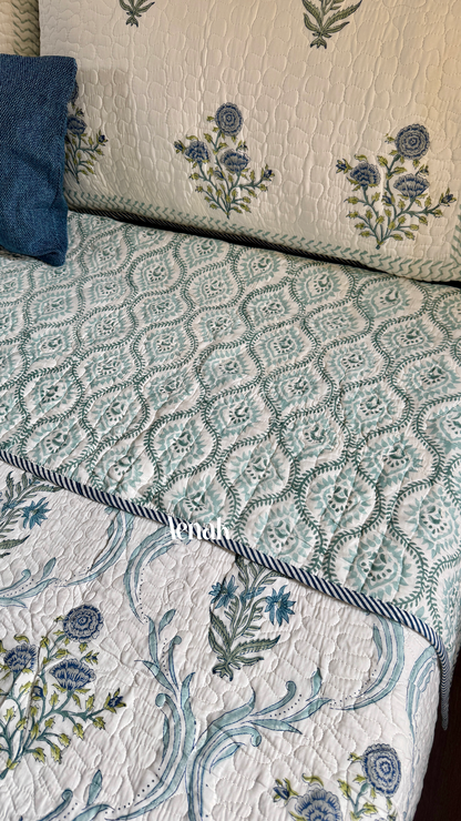 Blue Floral Jaal Handblock Printed Reversible Quilted Bedcover