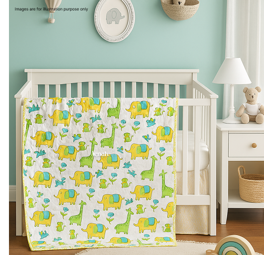 Green Giraffe Handblock Printed Reversible Mulmul Cotton Blanket