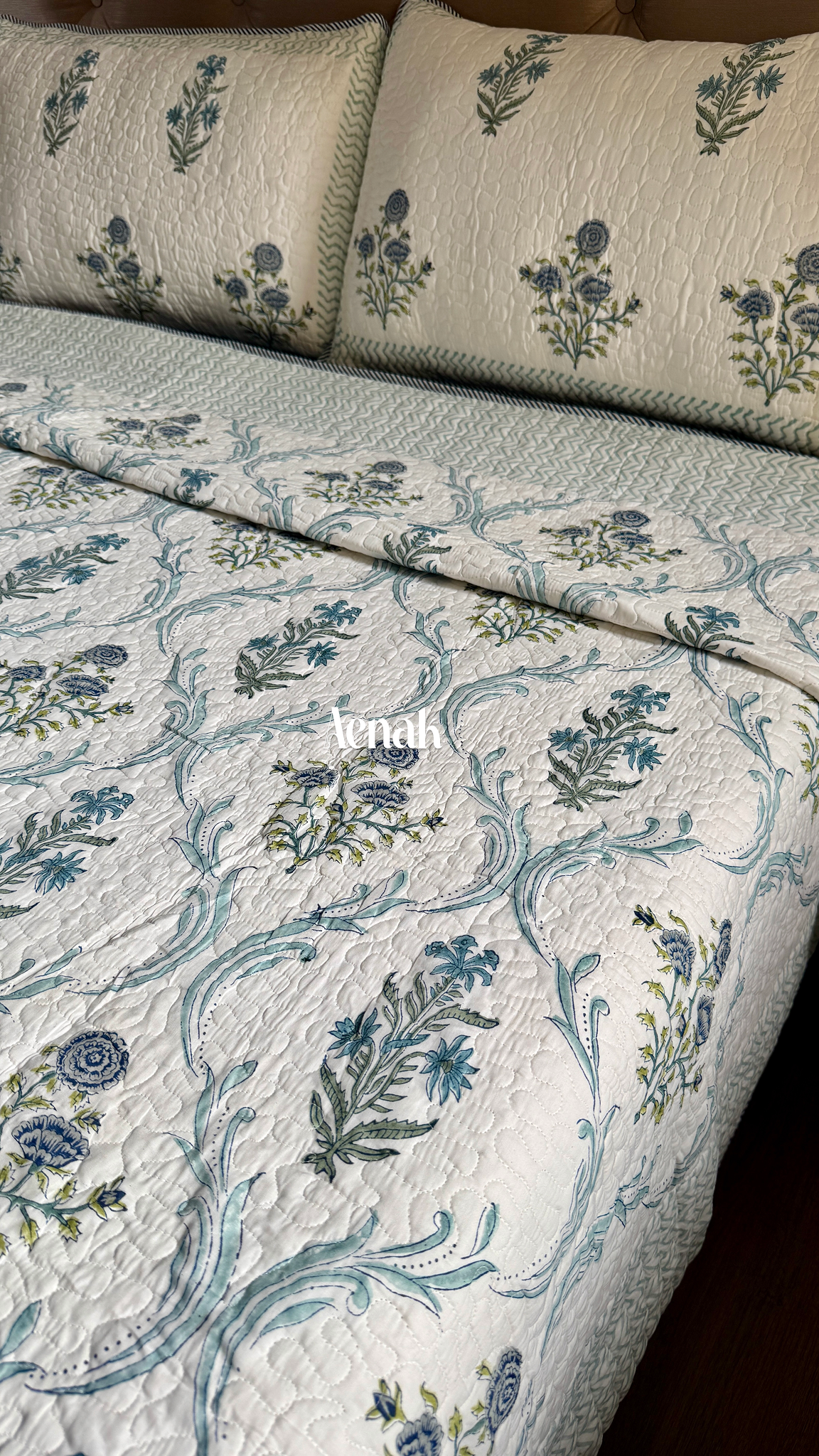 Blue Floral Jaal Handblock Printed Reversible Quilted Bedcover