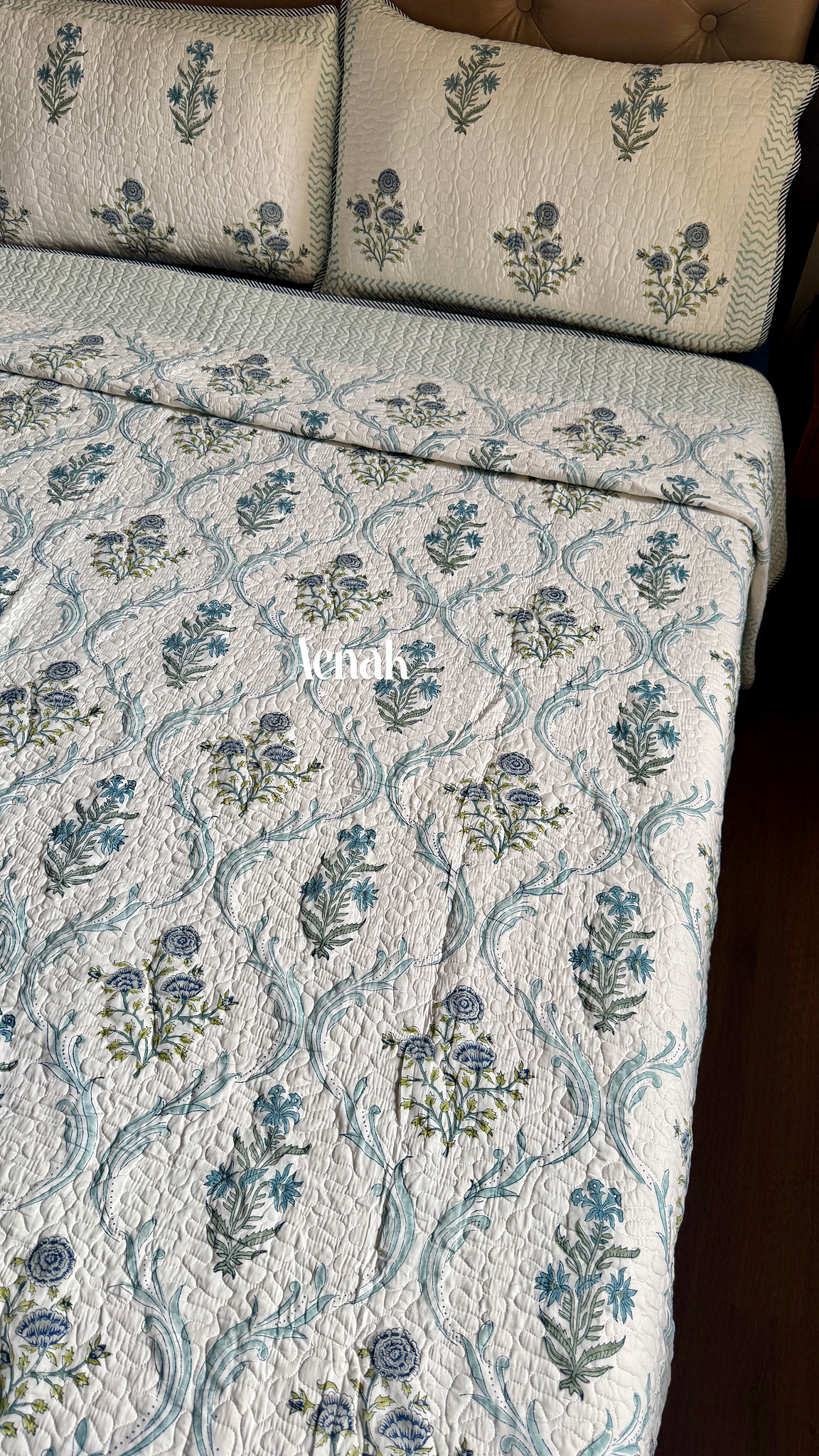 Blue Floral Jaal Handblock Printed Reversible Quilted Bedcover