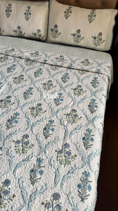 Blue Floral Jaal Handblock Printed Reversible Quilted Bedcover