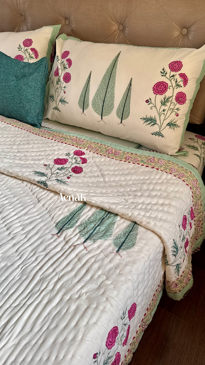 Magenta Floral Garden Handblock Bedsheet + Quilt Combo (Ivory Base)
