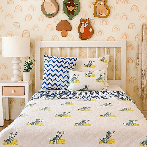 Blue Tiger Handblock Reversible Mulmul Cotton Kids Blanket Set
