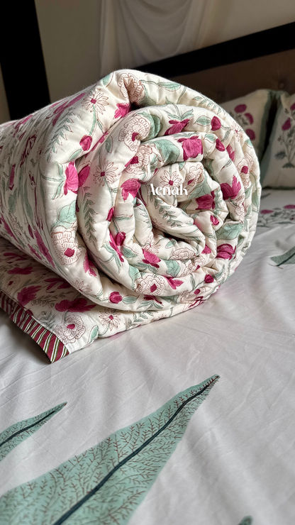 Magenta Floral Garden Handblock Bedsheet + Quilt Combo (Ivory Base)