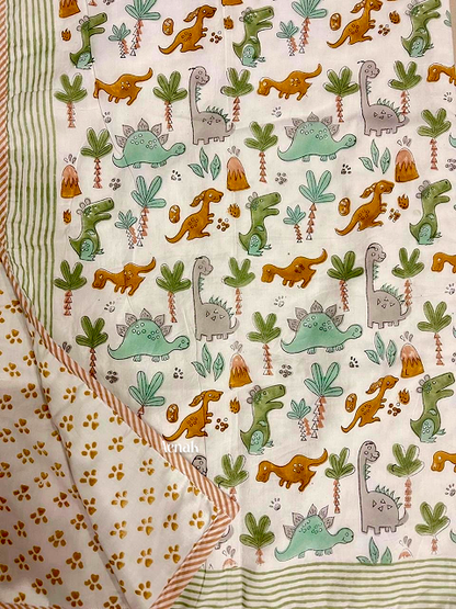 Brown Green Dinosaur Handblock Printed Reversible Mulmul Cotton Blanket