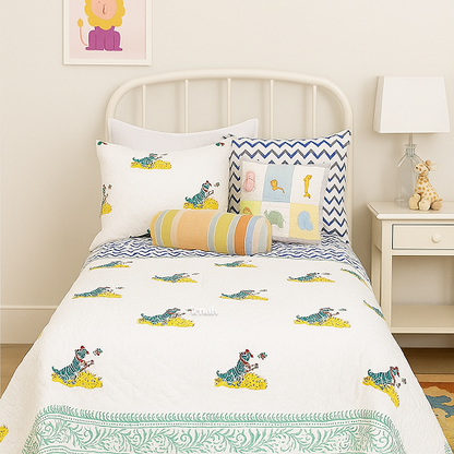Blue Tiger Handblock Printed Reversible Mulmul Cotton Blanket