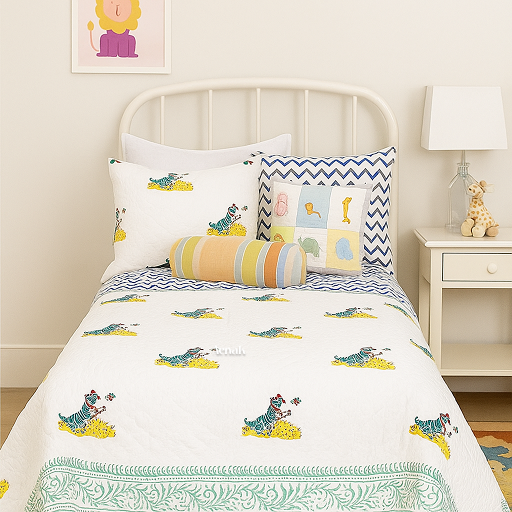 Blue Tiger Handblock Printed Reversible Mulmul Cotton Blanket
