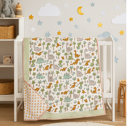 Brown Green Dinosaur Handblock Printed Reversible Mulmul Cotton Blanket