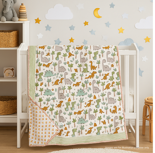 Brown Green Dinosaur Handblock Printed Reversible Mulmul Cotton Blanket