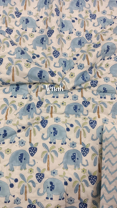 Blue Elephant Handblock Printed Reversible Mulmul Cotton Blanket