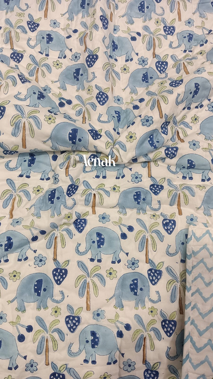 Blue Elephant Handblock Printed Reversible Mulmul Cotton Blanket