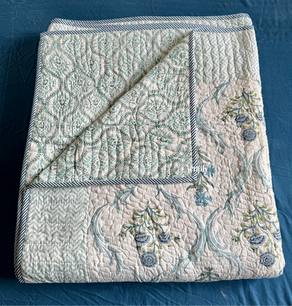 Blue Floral Jaal Handblock Printed Reversible Quilted Bedcover