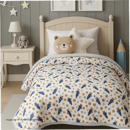 Blue Rocket Handblock Printed Reversible Mulmul Cotton Blanket