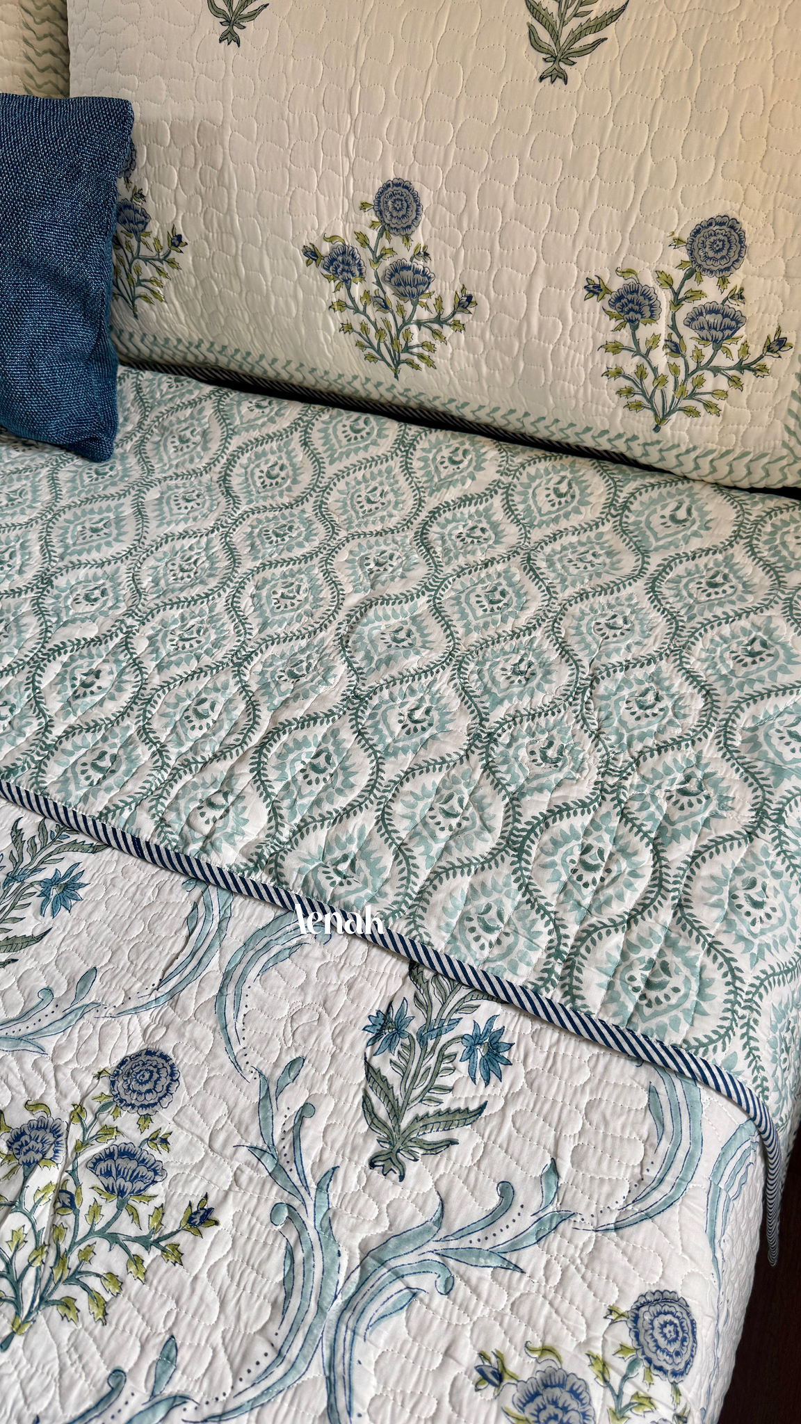 Blue Floral Jaal Handblock Printed Reversible Quilted Bedcover