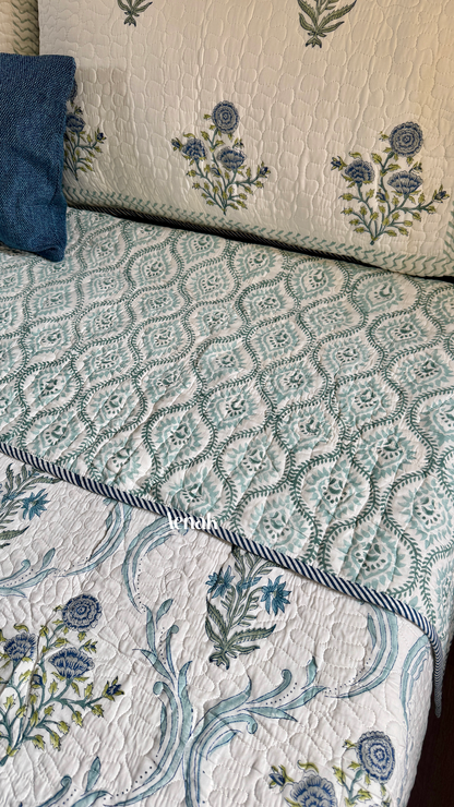 Blue Floral Jaal Handblock Printed Reversible Quilted Bedcover