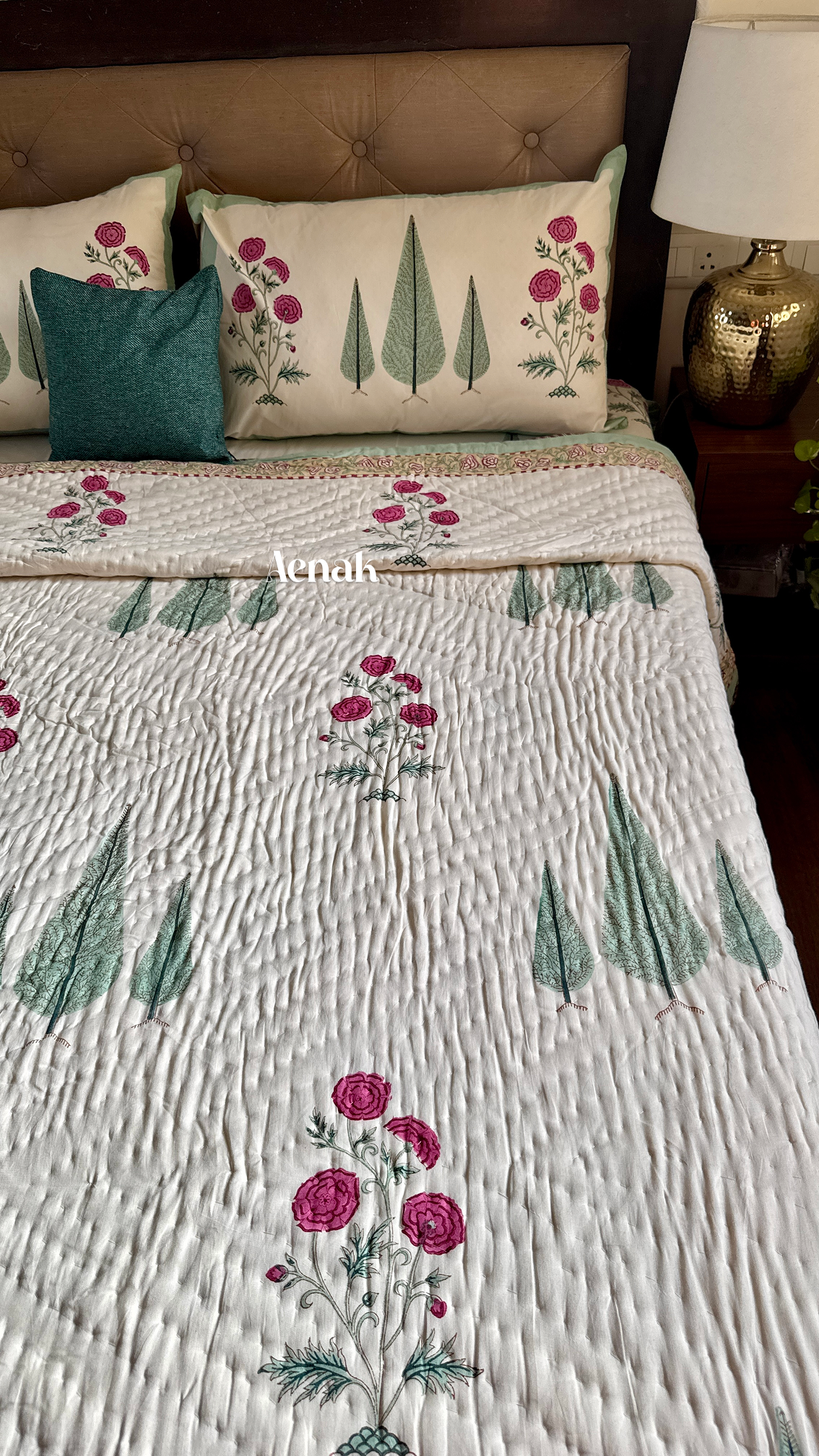 Magenta Floral Garden Handblock Bedsheet + Quilt Combo (Ivory Base)