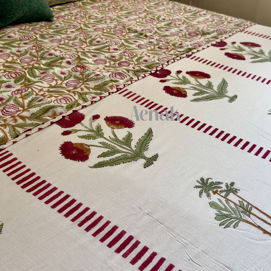 Red Dahlia Handblock Bedsheet + Dohar Combo Set