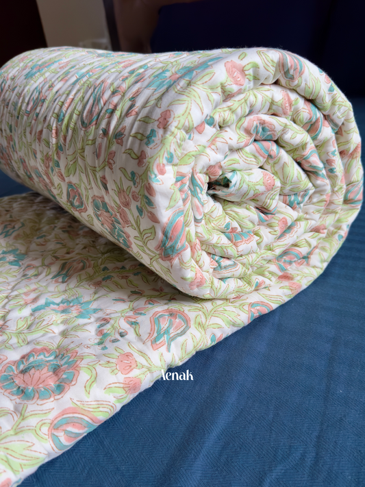 Pink Kairi Handblock Bedsheet + Quilt Combo