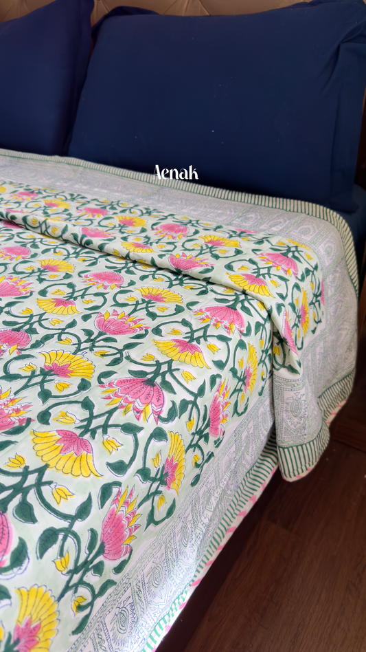 Pink & Yellow Lotus Handblock Printed Mulmul Cotton Reversible Dohar
