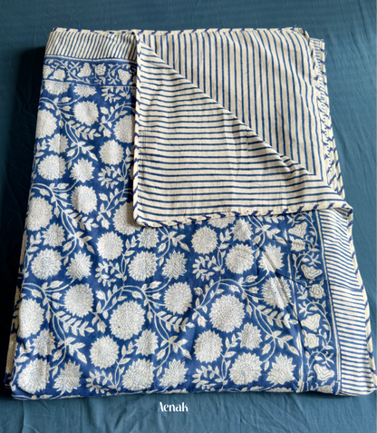 Blue Floral Garden Handblock Printed Mulmul Cotton Reversible Dohar